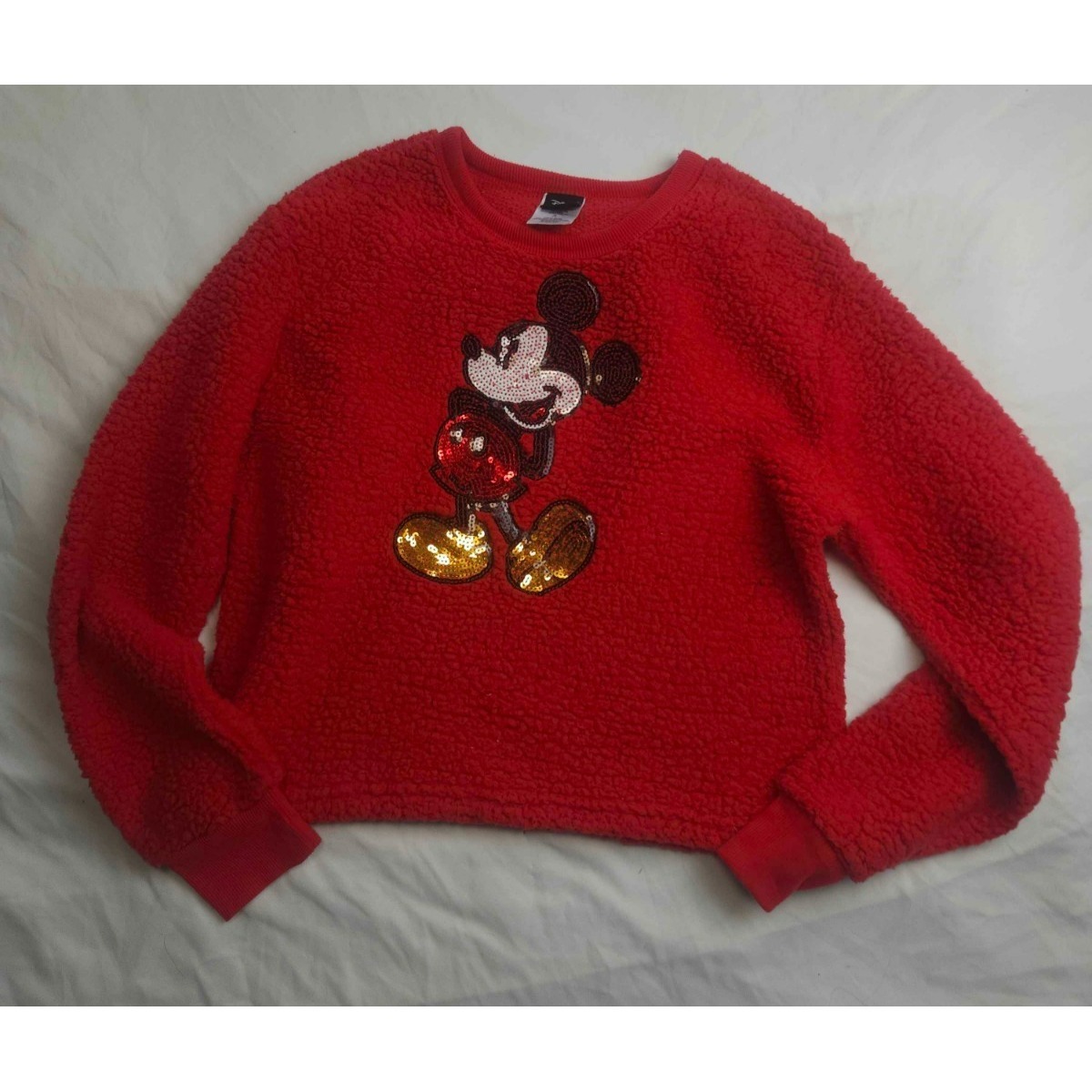 Disney Mickey Mouse Sweater Women Medium Red Fleece Sequins Long Sleeve Pullover